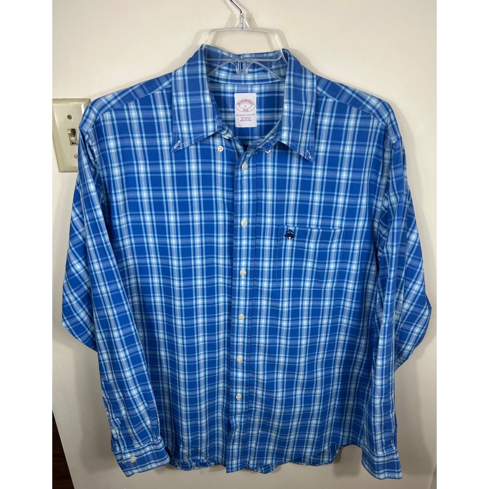 Brooks Brothers Shirt Mens L Blue Plaid 346 The Original Polo Regular Fit Cotton